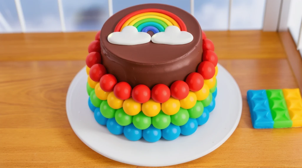 on a wooden table, on a white plate, a chocolate cream cake, candy candies around the cake, a cloud and a rainbow made of polymer clay on the cake, window light, bright lights, soft light, window light, professional lighting, light from the window, neat light, realistic texture, realistic style, detailed texture, high quality, high resolution, high quality rendering, realistic photo, brightning light, macro photo