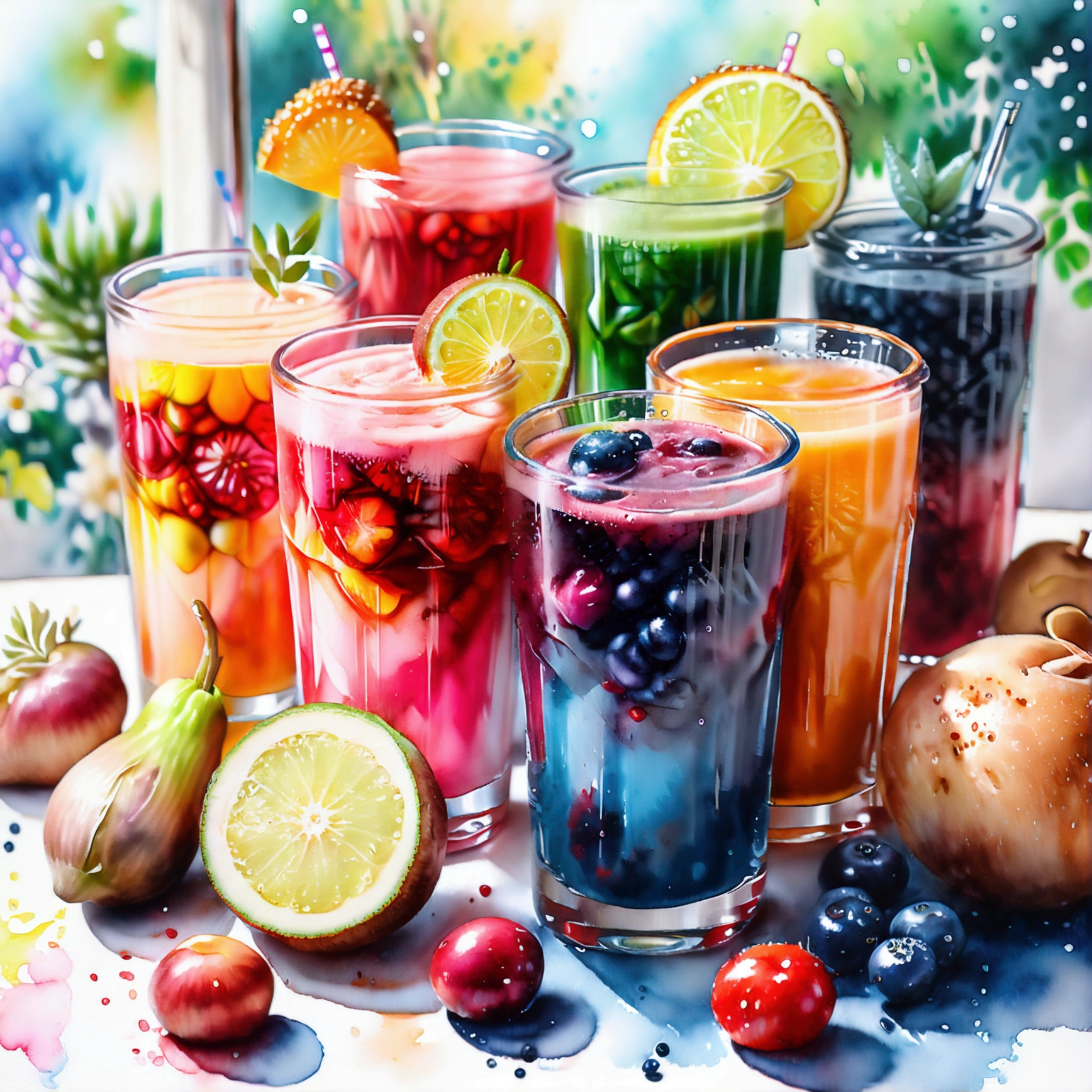 there are many types of colorful healthy drinks served in glasses, the glasses sitting on a surface, juices, smoothie, illustration, isolated with solid white background, surrounded with negative space, centered composition, highest detailed painting, very precise line, Isolated, clear solid white background, perspective angle of view, ((watercolor:1.5)), (lora:add-detail-xl:1), (masterpiece), (best quality), no bread on the floor, washed out color, (ghibli)