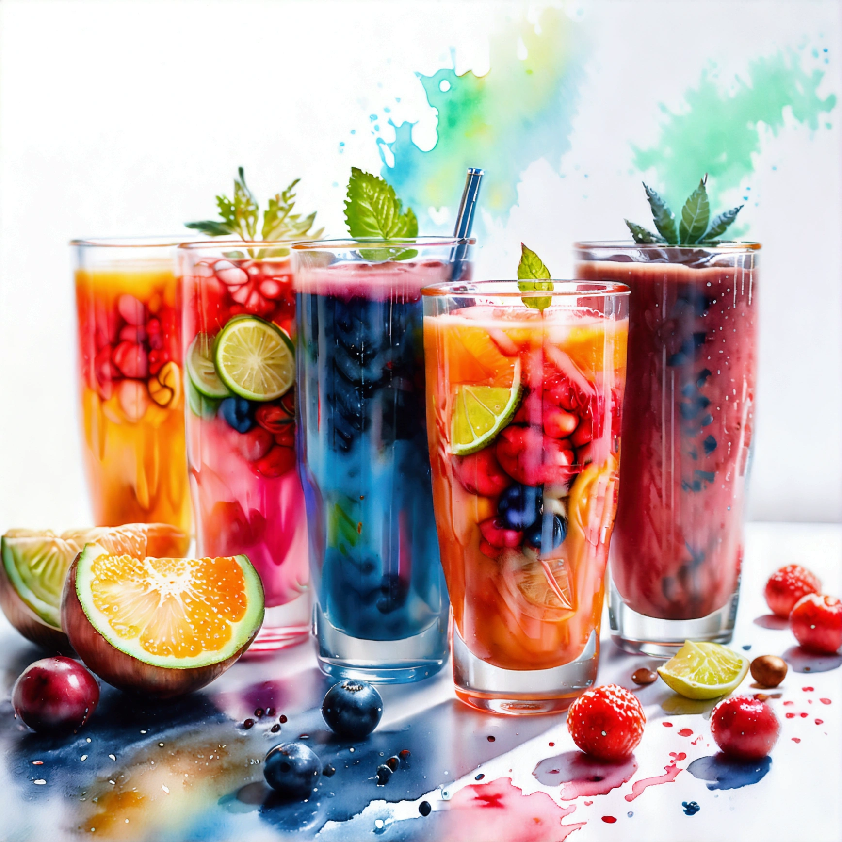 there are many types of colorful healthy drinks served in glasses, the glasses sitting on a surface, juices, smoothie, illustration, isolated with solid white background, surrounded with negative space, centered composition, highest detailed painting, very precise line, Isolated, clear solid white background, perspective angle of view, ((watercolor:1.5)), (lora:add-detail-xl:1), (masterpiece), (best quality), no bread on the floor, washed out color, (ghibli)