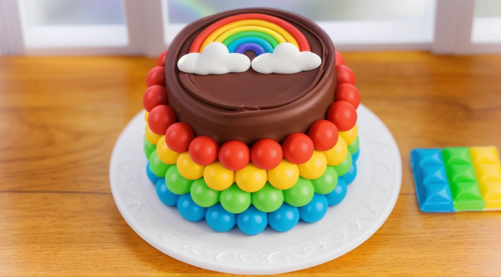 on a wooden table, on a white plate, a chocolate cream cake, candy candies around the cake, a cloud and a rainbow made of polymer clay on the cake, window light, bright lights, soft light, window light, professional lighting, light from the window, neat light, realistic texture, realistic style, detailed texture, high quality, high resolution, high quality rendering, realistic photo, brightning light, macro photo