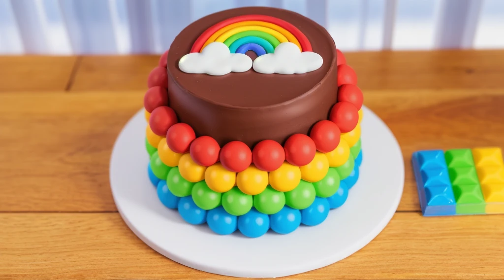 on a wooden table, on a white plate, a chocolate cream cake, candy candies around the cake, a cloud and a rainbow made of polymer clay on the cake, window light, bright lights, soft light, window light, professional lighting, light from the window, neat light, realistic texture, realistic style, detailed texture, high quality, high resolution, high quality rendering, realistic photo, brightning light, macro photo
