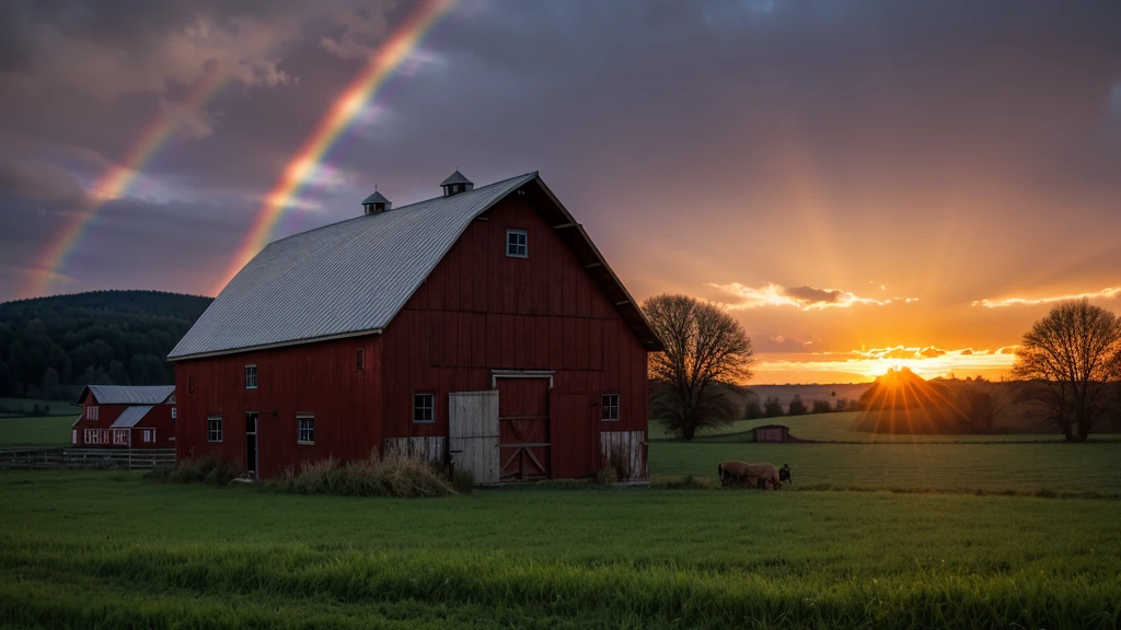 Stunning dramatic sunsets in rural farm country with barns and cold fields with rainbow.