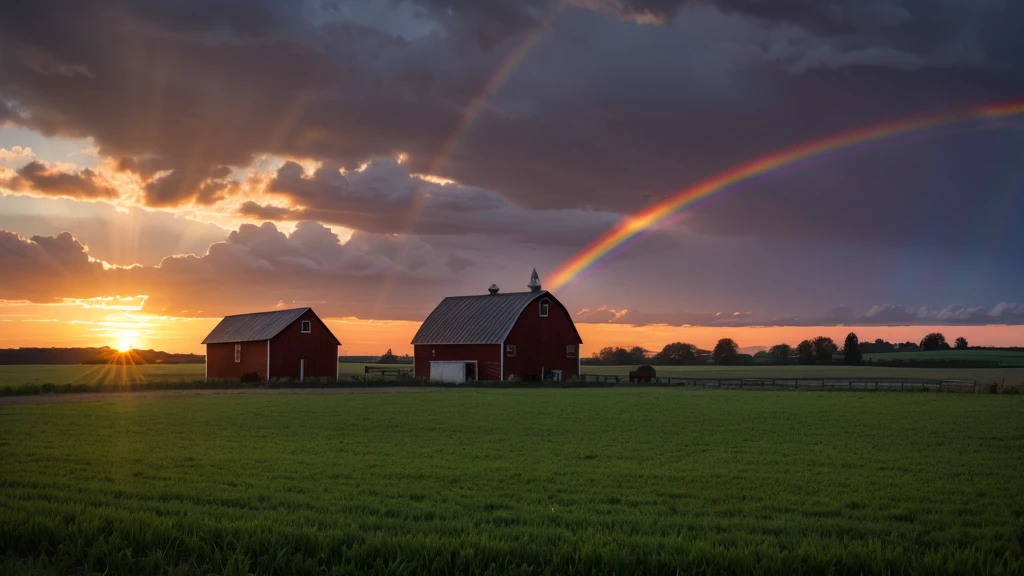 Stunning dramatic sunsets in rural farm country with barns and cold fields with rainbow.
