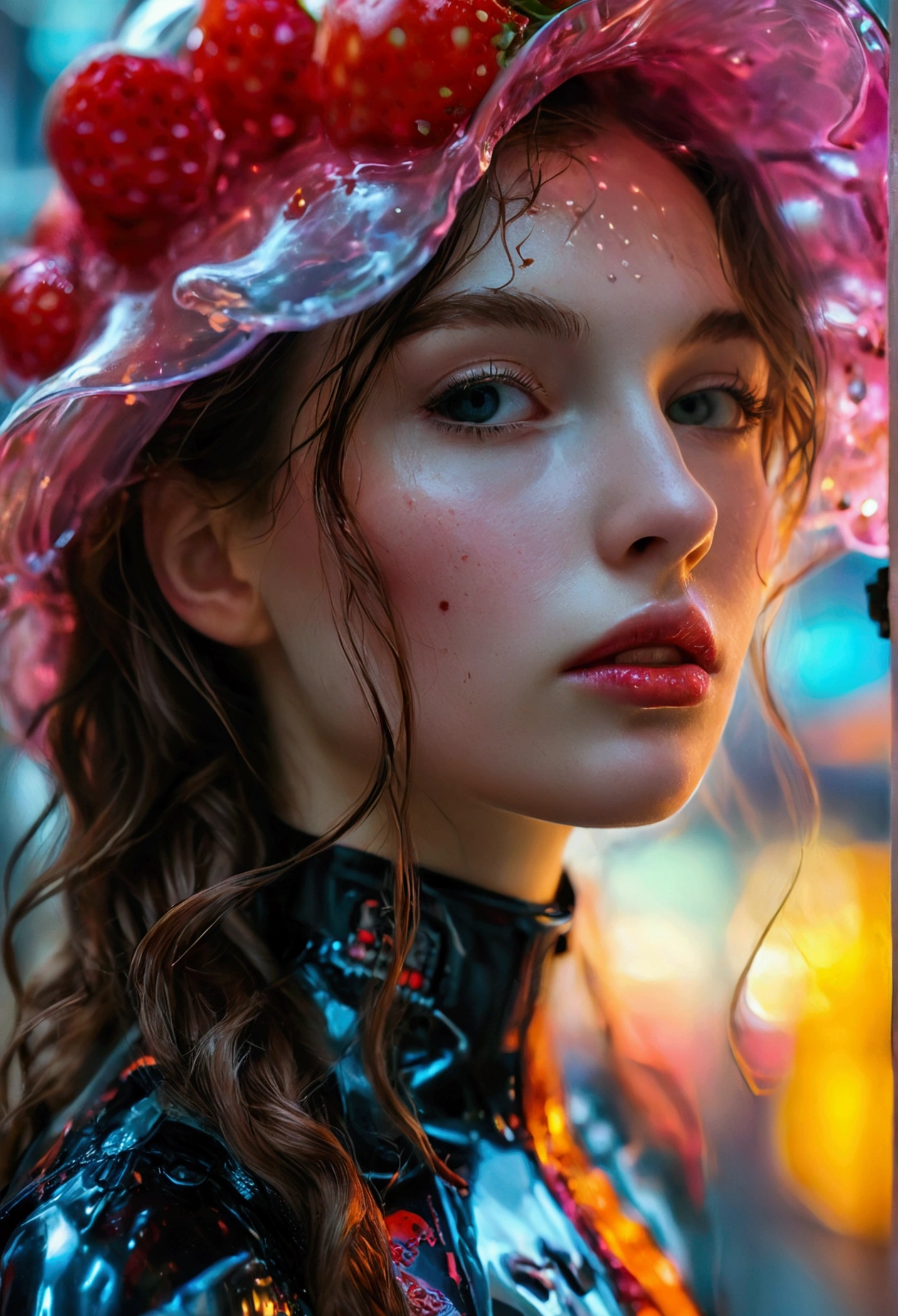 full face portrait photo of a 25-year-old European girl, cru, Beautiful woman, half-open strawberry lips, Dimples, melancholy look, (extra long wavy brown hair), ((detailded face)), ((detailded facial features)), (finely detailded skin), pale skin, (deep neckline detailded high-tech cyberpunk dress), cyberpunk megacity environment, (cool colors), moist, moist, reflections, (work of art) (Perfect proportion)(photo realist)(best qualityer)  (detailded) shot on a Canon EOS R5, 50 mm lens, f/2.8, hdr, (8K) (wall-paper) (cinematic lighting) (dramatic lighting) (sharp focus) (intricate),cru photo, gigachad photo, posing for the camera, 8K uhd, dslr, high qualiy, grain film, Fujifilm XT3