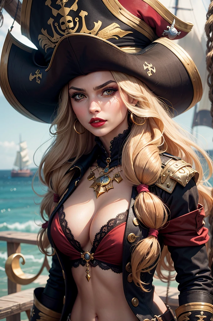 A beautiful and fierce pirate queen, long and light hair, olhos intensos, full red lips, wearing an ornate pirate captain&#39;s uniform, standing on the deck of your ship, ocean backdrop, dramatic lighting, film composition, highy detailed, comic style, details Intricate, stunning colors, dramatic shadows, temperamental atmosphere, (best qualityer,8K,high resolution,work of art:1.2),ultra detali,,cinematic lighting,battle pose, full body, dramatic expression,Elaborate costume,detailed ship in the background,stormy ocean waves