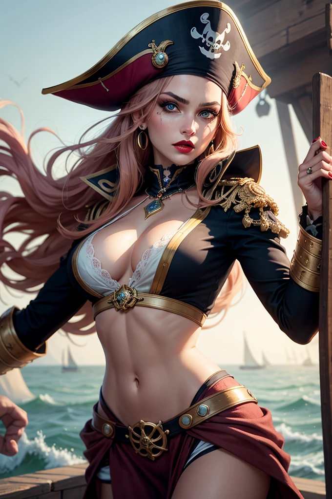 A beautiful and fierce pirate queen, long and light hair, olhos intensos, full red lips, wearing an ornate pirate captain&#39;s uniform, standing on the deck of your ship, ocean backdrop, dramatic lighting, film composition, highy detailed, comic style, details Intricate, stunning colors, dramatic shadows, temperamental atmosphere, (best qualityer,8K,high resolution,work of art:1.2),ultra detali,,cinematic lighting,battle pose, full body, dramatic expression,Elaborate costume,detailed ship in the background,stormy ocean waves