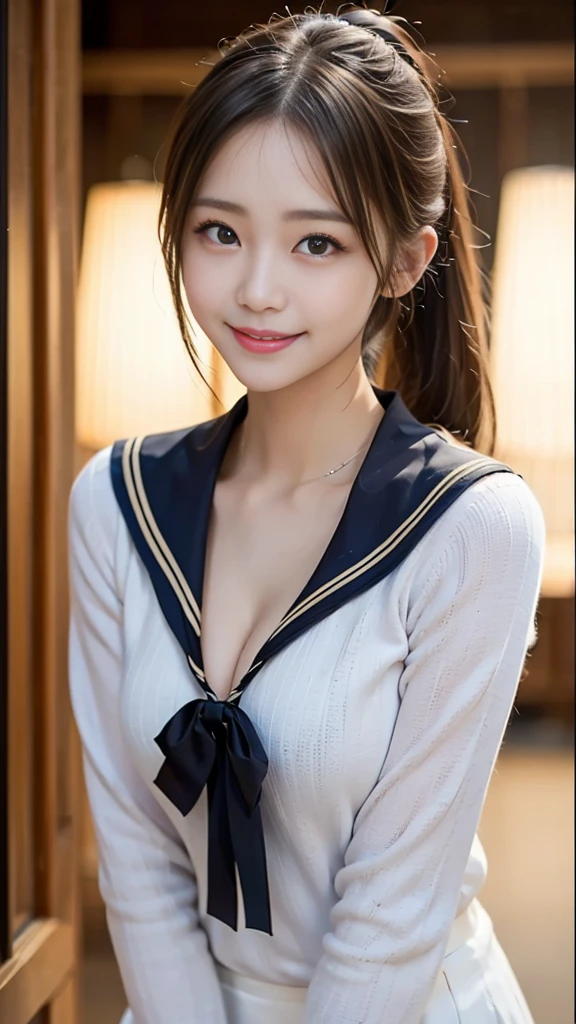 ((Sailor suit、Highest quality、masterpiece、High resolution))、Zoom Photo)))、smile、-yeld fee、Beautiful Skin、Cleavage、Blonde、ponytail