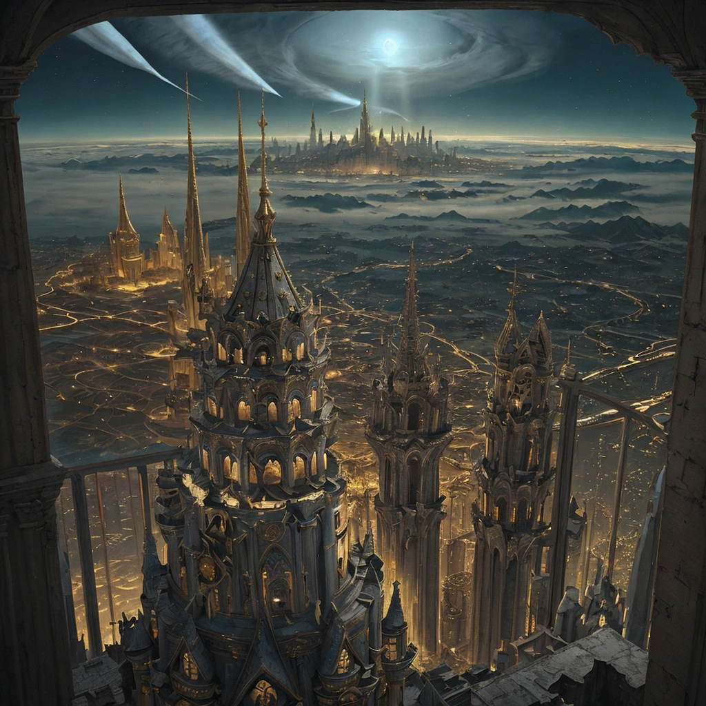 Painting of a city with a castle surrounded by angels flying around, Empyrian City, Deities々Realm of God, Utopian City, gold gates of heaven!!!!!!!!, Esoteric equation heaven, Heaven on Earth, breathtaking art, breath taking, City in the sky, City Apocalypse, City in the clouds, Elaborate dark paint
