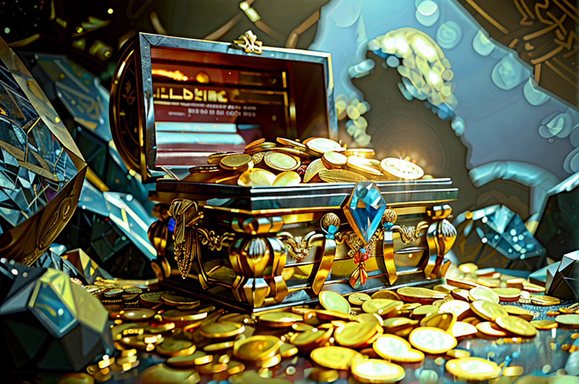 a highly detailed golden treasure, gold coins, gemstones, jewellery, sparkling, glowing, shimmering, opulent, lavish, ornate, exquisite details, intricate designs, reflective surfaces, dramatic lighting, cinematic composition, masterpiece, photorealistic, 8k, hyper detailed, big amount, tresure, cave tresure, indiana jones tresure
