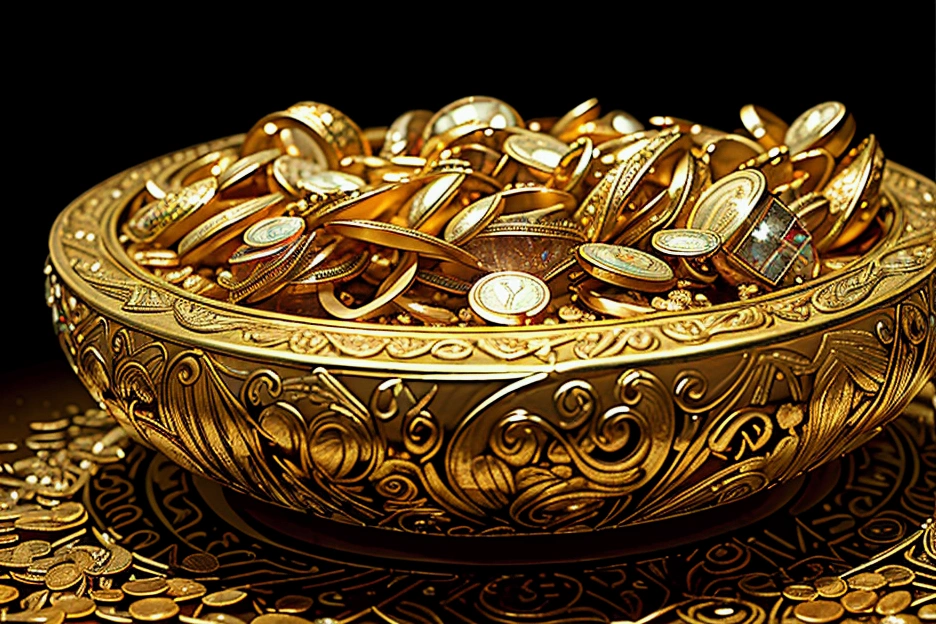 a highly detailed golden treasure, gold coins, gemstones, jewellery, sparkling, glowing, shimmering, opulent, lavish, ornate, exquisite details, intricate designs, reflective surfaces, dramatic lighting, cinematic composition, masterpiece, photorealistic, 8k, hyper detailed, big amount, tresure, cave tresure, indiana jones tresure