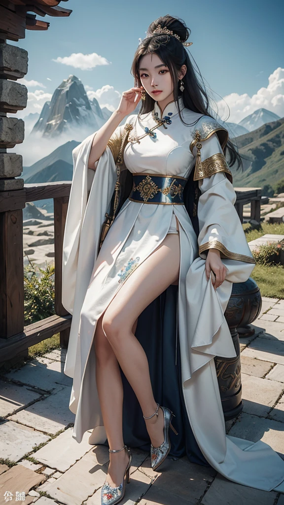 Ancient Chinese girl with goddess clothes, majestic appearance, domineering, White clothes of empress, heavy clothes and jewelry, exquisite ,fair white detailed skin, well makeup, natural power,High mountains and clouds, beautiful weapon,majestic eyes, attitude, long sleeves of clothes both of hands and legs, crystal made shoes, high resolution, high pixel, high quality, photography, detailed fantasy art, dream, A Domineering empress