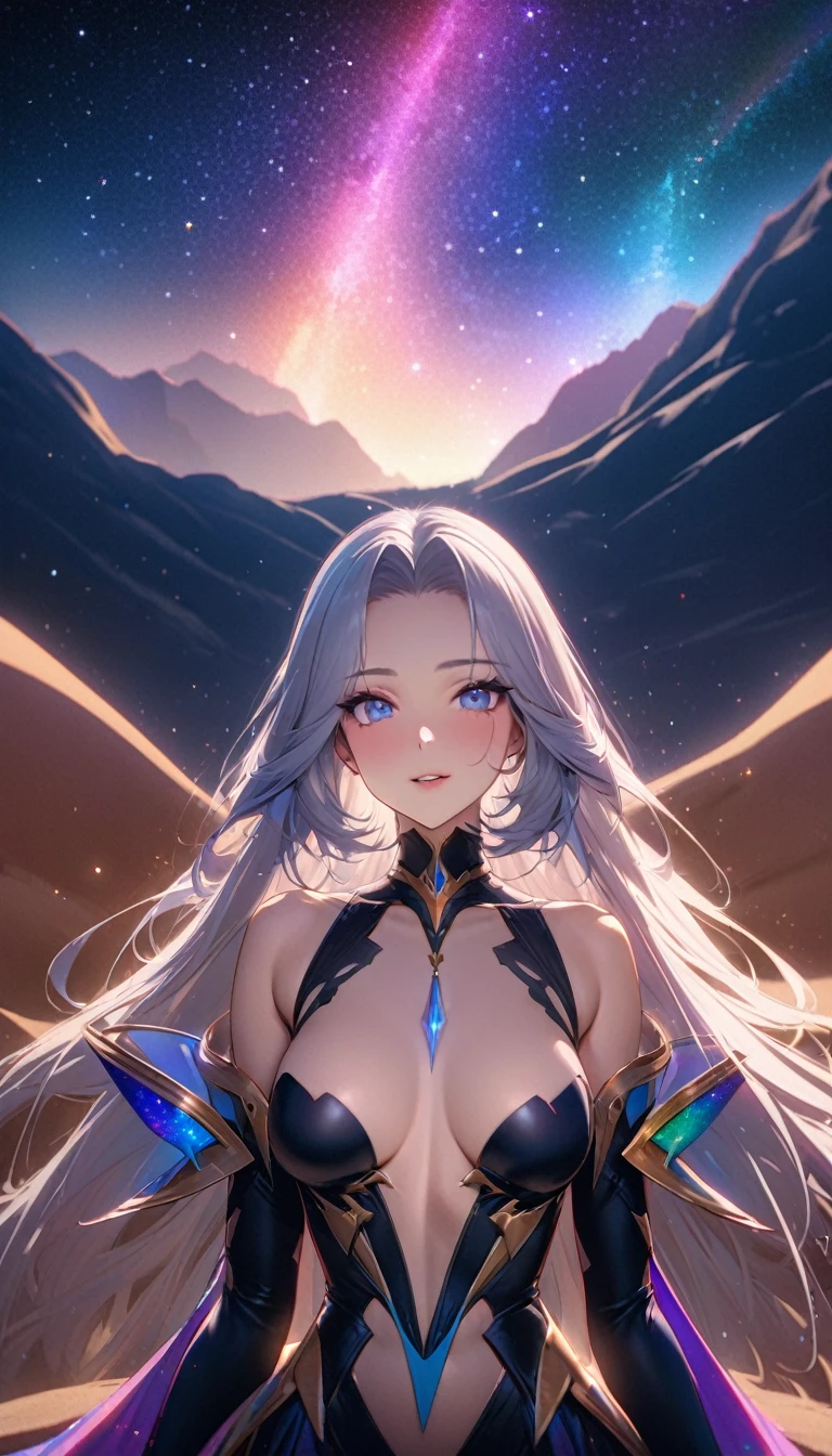Highest quality, Highest quality, 16K, SFW, Unbelievably absurd, Very detailed, delicate and dynamic, Natural light, The particles reflect the colors of the rainbow, Diffuse reflection of light, Vortex of Light, There are many sandstorms, Beautiful desert, Colorful starry sky, Beautiful starry sky, milky way, shooting star, Moonlit Night, Sand Dunes, Oasis City, Blue Palace, Create amazing image effects, upper body close-up, (Cute sexy girl, firm chests, Sensual expression, Passionate, Hilarious, Vibrant, princess of dune , Lavish décor, Dancing against the backdrop of a starry sky)