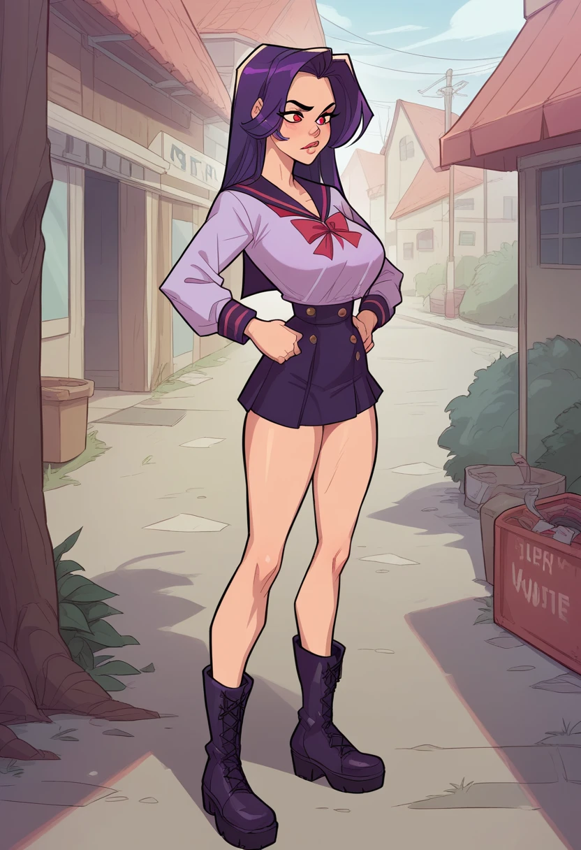 Masterpiece, best quality, high resolution, 1 woman , straight purple hair , bob , red eyes , Cold expression , Purple long sleeve sailor shirt , short skirt , boots, Long legs , full body , abdomen , big breasts , Put your hands on your hips. , roadside