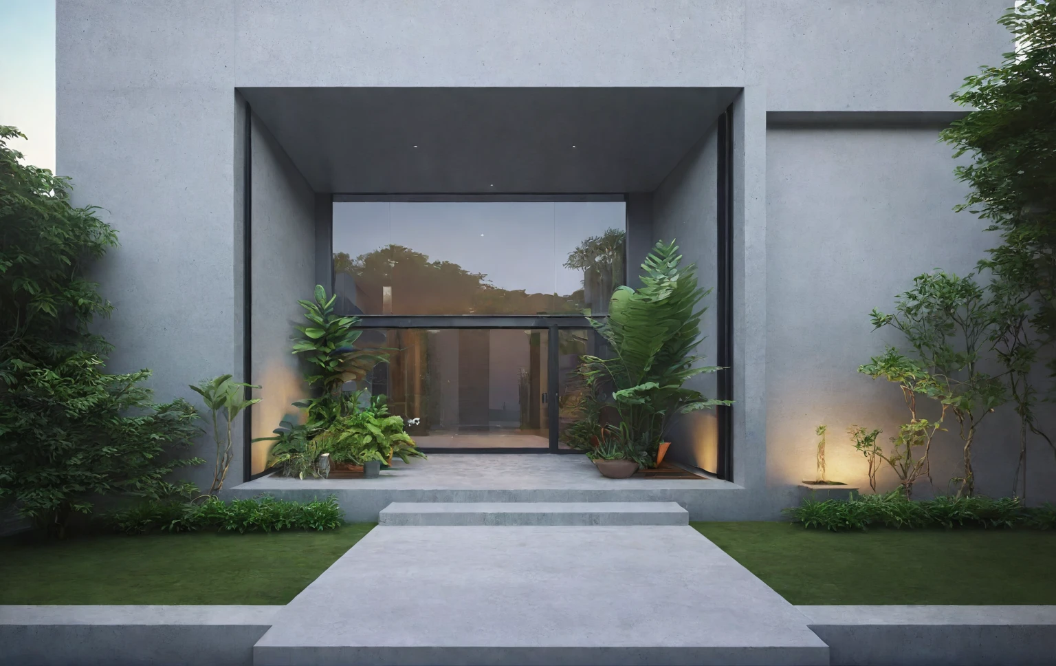 modern villa on street, (daylight), tropical tree, green shrub and plants, vivid color, streetcapes, minimalist design, brigth grey tone, large glass door, warm interior lighting, modern material, best quality, ultra realistic, masterpiece, 17ArchiAI_XL_VL-v1
