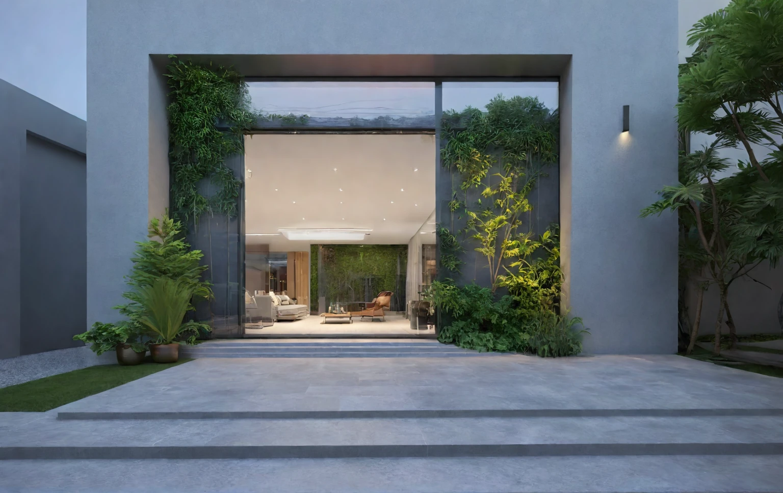 modern villa on street, (daylight), tropical tree, green shrub and plants, vivid color, streetcapes, minimalist design, brigth grey tone, large glass door, warm interior lighting, modern material, best quality, ultra realistic, masterpiece, 17ArchiAI_XL_VL-v1
