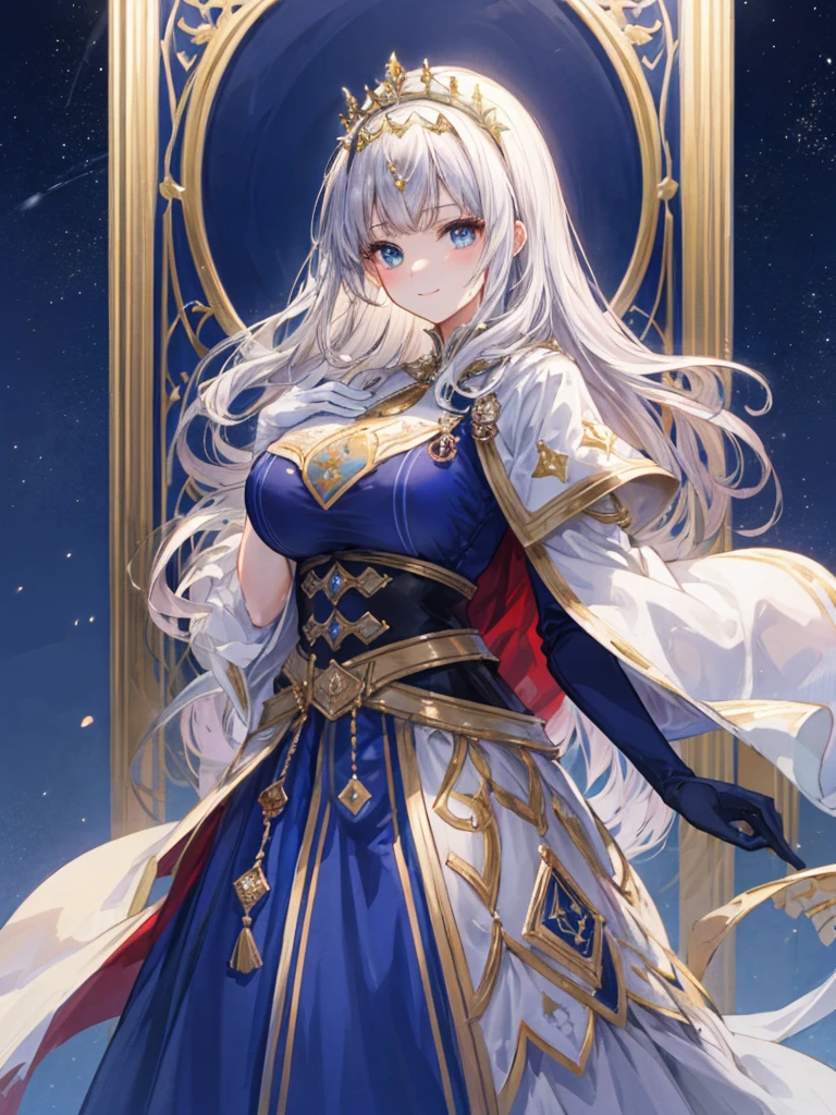 Highest quality、masterpiece、8K、Realistic、超High resolution、Very delicate and beautiful、High resolution、Cinema Lighting、medium range shooting、Portraiture、Perfect female body、Beautiful woman、Mature Woman、Opposition、(Big Breasts:1.4)、Looking at the audience、(Princess of Another World、Gorgeous Dress、Shining Jewels、Long white hair、blue eyes、Elegant behavior、Palace Gardens、A delicate tiara、Silk gloves、Embroidered gown、royal coat of arms、Gold Jewelry)、Audience Room、Elegant smile、traditional ceremony、Palace balcony、Historic Royal Family、Otherworldly background、Symbols of the Kingdom。