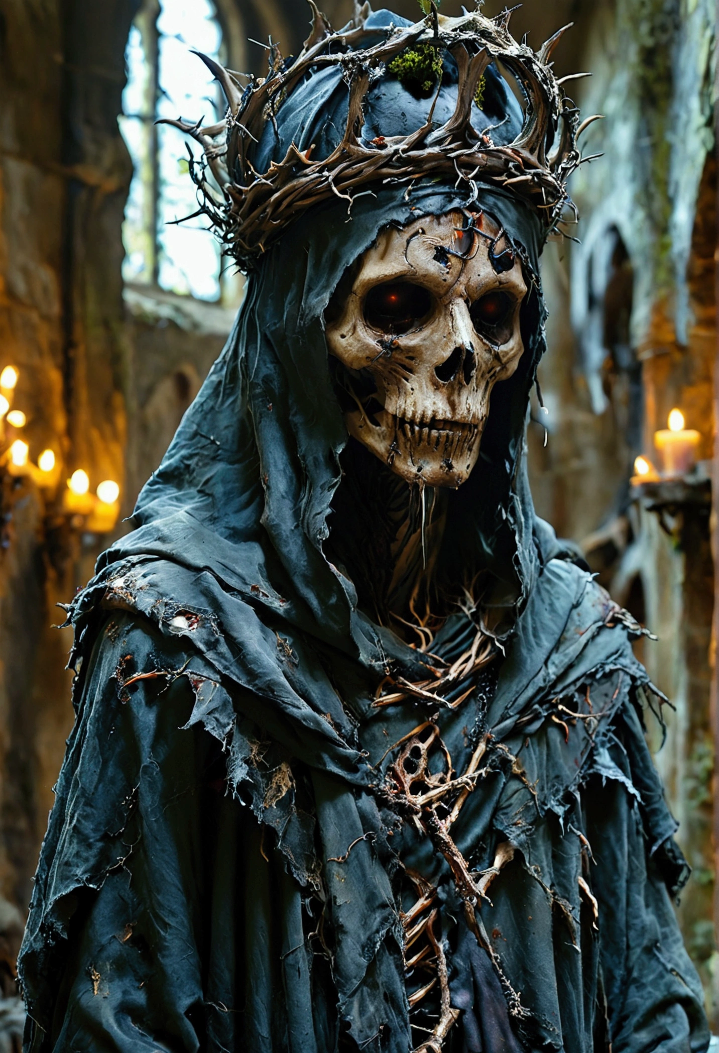  Occupation: The embodiment of corruption and decay Appearance: A towering, hooded figure, its form hidden beneath tattered robes and a crown of razor-sharp thorns. Its face is obscured, save for a pair of glowing, malevolent eyes that peer out from the shadows. Its body is emaciated, almost skeletal, with bony fingers that clutch the edges of its ragged garments. Clothing: Tattered, ragged robes that hang loosely from its skeletal frame, the fabric torn and stained with the remnants of countless atrocities. A twisted crown of thorns adorns its head, the sharp barbs digging into its flesh, drawing beads of darkness that seem to ooze from its very being