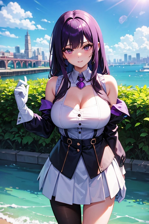 girl, With big breasts, athletic curvy body, corset with large purple neckline, by address.