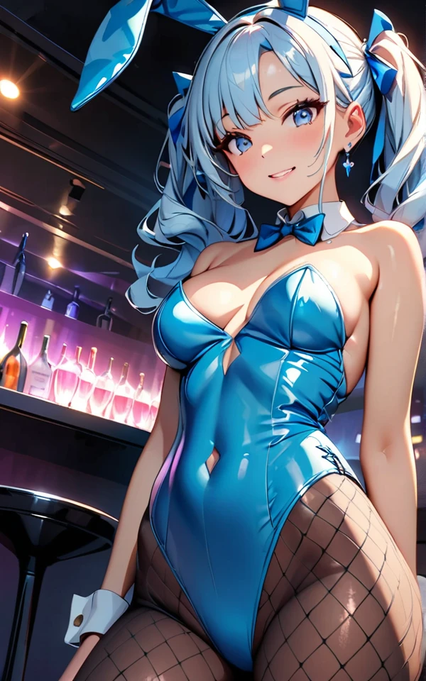 (Highest quality:1.2, High detail, masterpiece:1.2, Best aesthetics), (1 Girl), Cowboy Shot, ((Playboy Bunny, Fishnet tights:1.2, Bunny ears, ハイレグ leotard, 白leotard:1.1, leotard)), (Light blue hair, Twin tails, Asymmetrical bangs, Bright Blue Eyes), Beautiful attention to detail, Beautiful lip detail, Highly detailed face, Detailed Fashion, elegant, luxury, High quality fabric, Shine, Shine, smile, Random Pause, Dutch Angle, bar, Nightclub, night, Dramatic lighting, Cinematic, Bright colors, Intricate details, Chiaroscuro lighting.