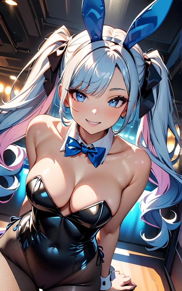 (Highest quality:1.2, High detail, masterpiece:1.2, Best aesthetics), (1 Girl), Cowboy Shot, ((Playboy Bunny, Fishnet tights:1.2, Bunny ears, ハイレグ leotard, 白leotard:1.1, leotard)), (Light blue hair, Twin tails, Asymmetrical bangs, Bright Blue Eyes), Beautiful attention to detail, Beautiful lip detail, Highly detailed face, Detailed Fashion, elegant, luxury, High quality fabric, Shine, Shine, smile, Random Pause, Dutch Angle, bar, Nightclub, night, Dramatic lighting, Cinematic, Bright colors, Intricate details, Chiaroscuro lighting.