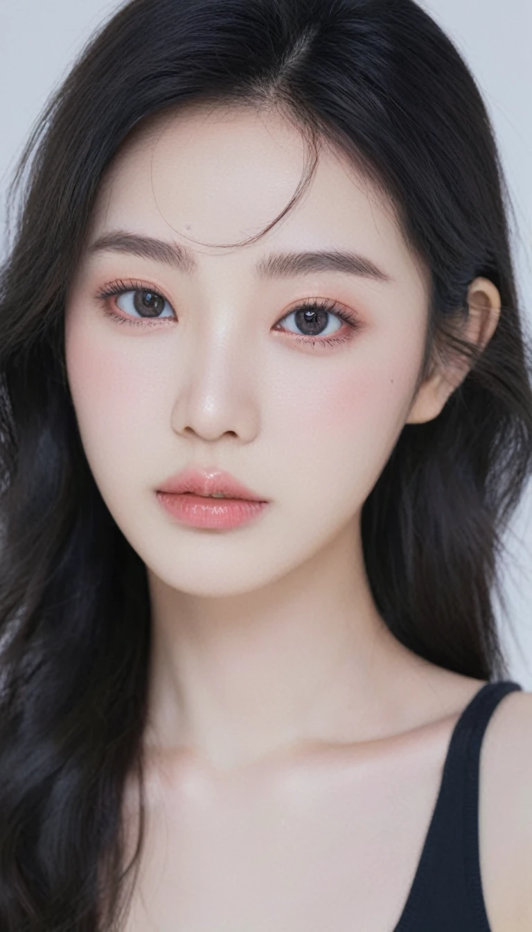 ultra wide shoot, front photo, elegant woman, (Photorealsitic)、(intricate detailes:1.2)、(​masterpiece、:1.3)、beauty face, (top-quality:1.4)、(超A high resolution:1.2)、超A high resolution、(A detailed eye)、(detailed facial features), ((Realistic lighting、top-quality、8K、natural light, ​masterpiece:1.3))、bright photo, Clear focus:1.2、1girl in、flawless beauty:1.4、Superfine Face、big Narrow-eyed、double eyelid、photos realistic, perfect eyes, perfect skin, detailed skin, detailed face, looking viewer, front view, potrait, raw photo, simple soft pink background, (intricate detailed skin textured:1.4) front view, looking viewer, clear face,  1 girl、porate、Bright and very beautiful face、beautiful girl, A stunning close-up portrait showcasing the beauty of a Korean model. The composition features soft, natural lighting , bright eyes, and striking cheekbones. Her glossy,  The background is simply black background, smile,  wear sweetshirt, neat hair, long hair, instagram model, profil picture, bright and natural