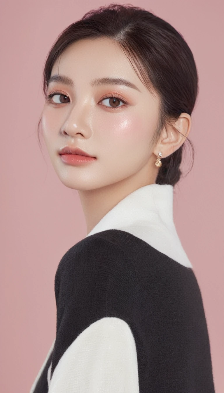ultra wide shoot, front photo, elegant woman, (Photorealsitic)、(intricate detailes:1.2)、(masterpiece、:1.3)、beauty face, (top-quality:1.4)、(超A high resolution:1.2)、超A high resolution、(A detailed eye)、(detailed facial features), ((Realistic lighting、top-quality、8K、natural light, masterpiece:1.3))、bright photo, Clear focus:1.2、1girl in、flawless beauty:1.4、Superfine Face、big Narrow-eyed、double eyelid、photos realistic, perfect eyes, perfect skin, detailed skin, detailed face, looking viewer, front view, potrait, raw photo, simple soft pink background, (intricate detailed skin textured:1.4) front view, looking viewer, clear face, 1 girl、porate、Bright and very beautiful face、beautiful girl, A stunning close-up portrait showcasing the beauty of a Korean model. The composition features soft, natural lighting , bright eyes, and striking cheekbones. Her glossy, The background is simply black background, smile, wear sweetshirt, neat hair, long hair, instagram model, profil picture, bright and natural