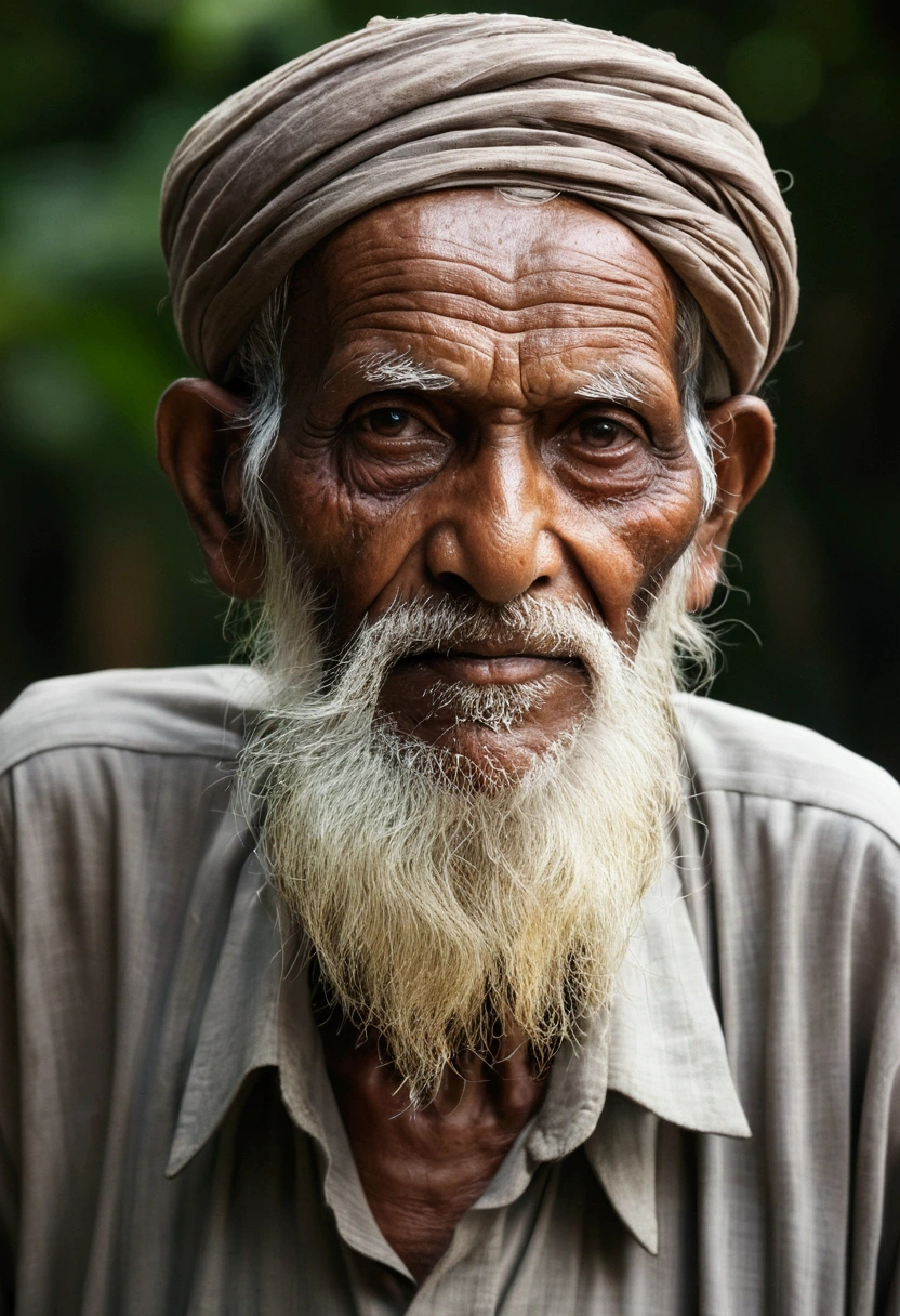 bangladeshi old muslim man age 90, weight 80, height 5 feet 9 inches, beard on his face