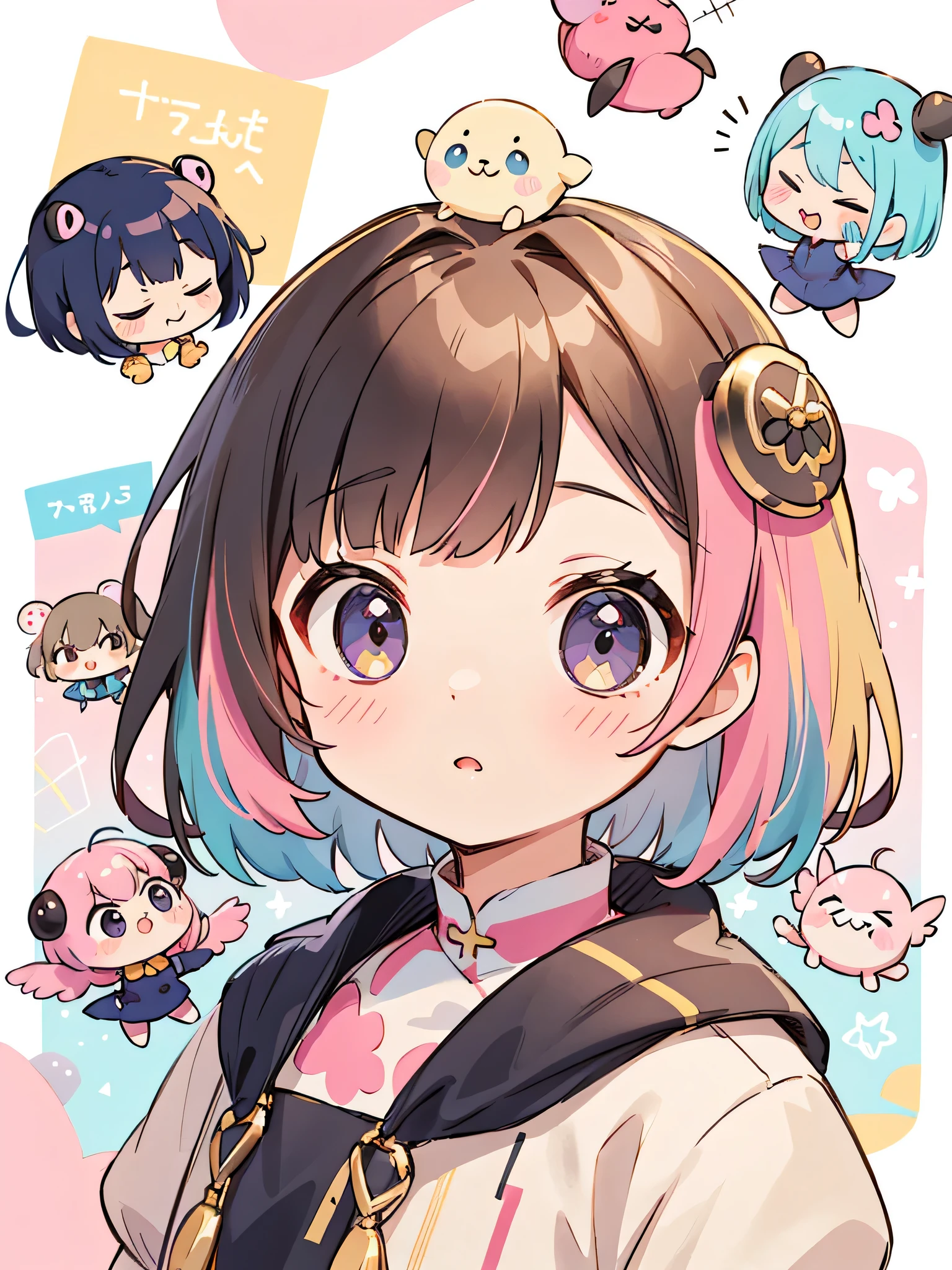 Momoko Sakura gold and pink style, Kawaii Design, most beautiful girl ever、Chibi, Colorful bob hair、((Lots of friends))、Colorful and cute pillbugs