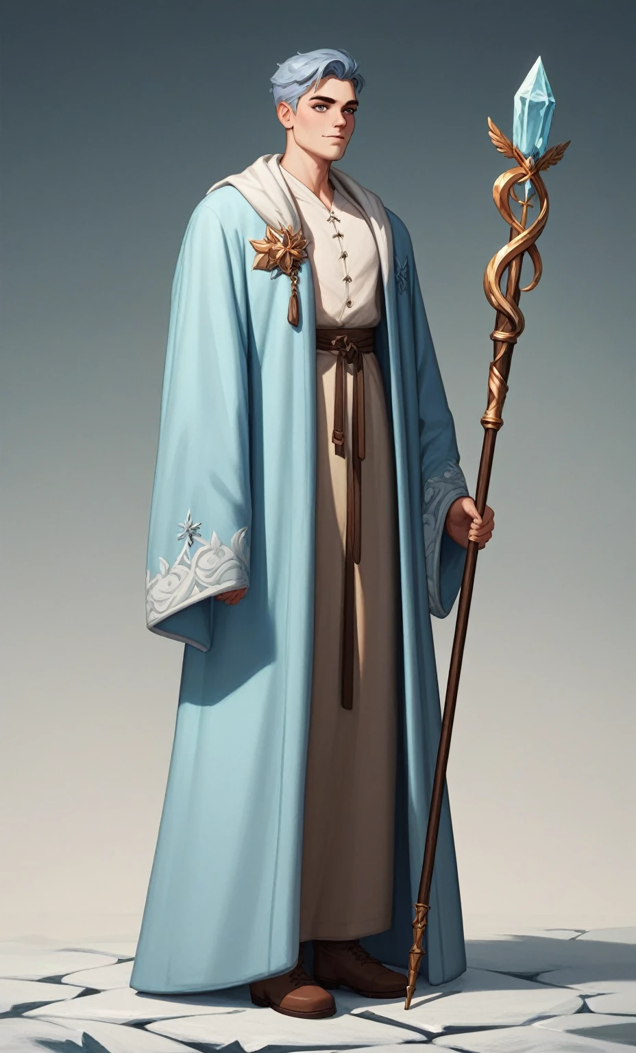 check_9, check_8_up, check_7_up, check_6_up, check_5_up, check_4_up, SorakaLoLXL, masterpiece, Best quality, A high resolution, bbandro, icy medieval young man, concept, ice grows on your head, gray blue hair, ice robe, full height standing with a staff