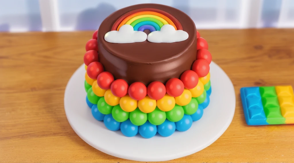 on a wooden table, on a white plate, a chocolate cream cake, candy candies around the cake, a cloud and a rainbow made of polymer clay on the cake, window light, bright lights, soft light, window light, professional lighting, light from the window, neat light, realistic texture, realistic style, detailed texture, high quality, high resolution, high quality rendering, realistic photo, brightning light, macro photo