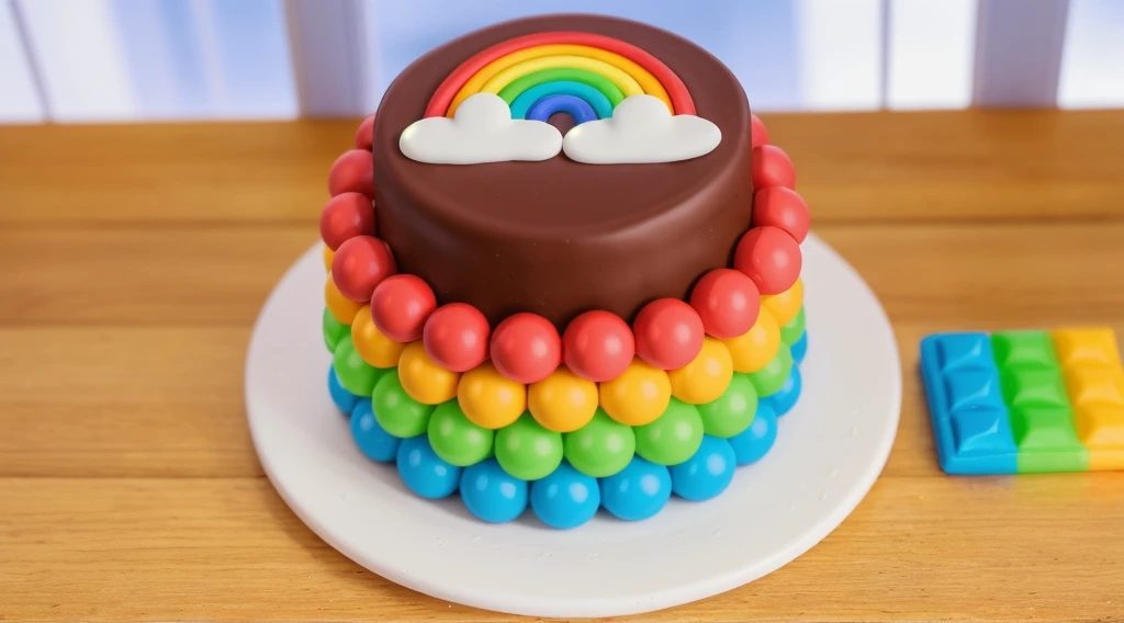 on a wooden table, on a white plate, a chocolate cream cake, candy candies around the cake, a cloud and a rainbow made of polymer clay on the cake, window light, bright lights, soft light, window light, professional lighting, light from the window, neat light, realistic texture, realistic style, detailed texture, high quality, high resolution, high quality rendering, realistic photo, brightning light, macro photo