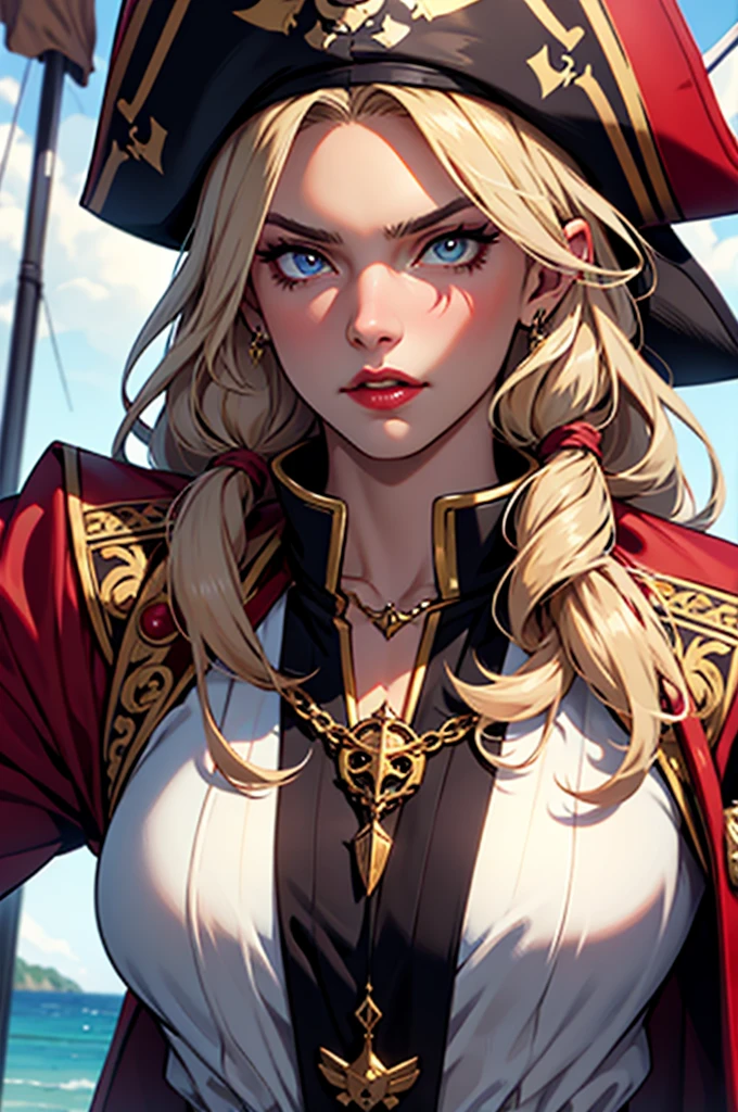 A beautiful and fierce pirate queen, long and light hair, olhos intensos, full red lips, wearing an ornate pirate captain&#39;s uniform, standing on the deck of your ship, ocean backdrop, dramatic lighting, film composition, highy detailed, comic style, details Intricate, stunning colors, dramatic shadows, temperamental atmosphere, (best qualityer,8K,high resolution,work of art:1.2),ultra detali,,cinematic lighting,battle pose, full body, dramatic expression,Elaborate costume,detailed ship in the background,stormy ocean waves