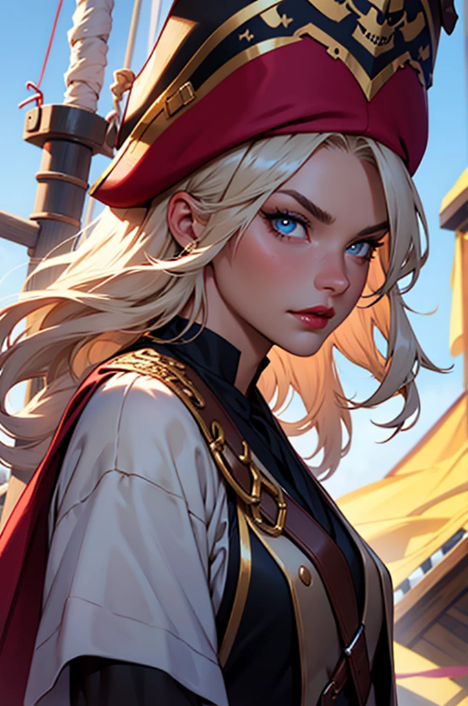 A beautiful and fierce pirate queen, long and light hair, olhos intensos, full red lips, wearing an ornate pirate captain&#39;s uniform, standing on the deck of your ship, ocean backdrop, dramatic lighting, film composition, highy detailed, comic style, details Intricate, stunning colors, dramatic shadows, temperamental atmosphere, (best qualityer,8K,high resolution,work of art:1.2),ultra detali,,cinematic lighting,battle pose, full body, dramatic expression,Elaborate costume,detailed ship in the background,stormy ocean waves