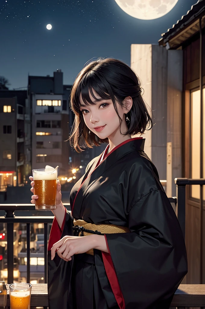 (masterpiece), best quality, expressive eyes, perfect face, At night, under the city lights, on a balcony of an apartment, a A beautiful black-haired woman in a kimono drinks beer, smiling, under the moon and stars, feeling the night breeze.