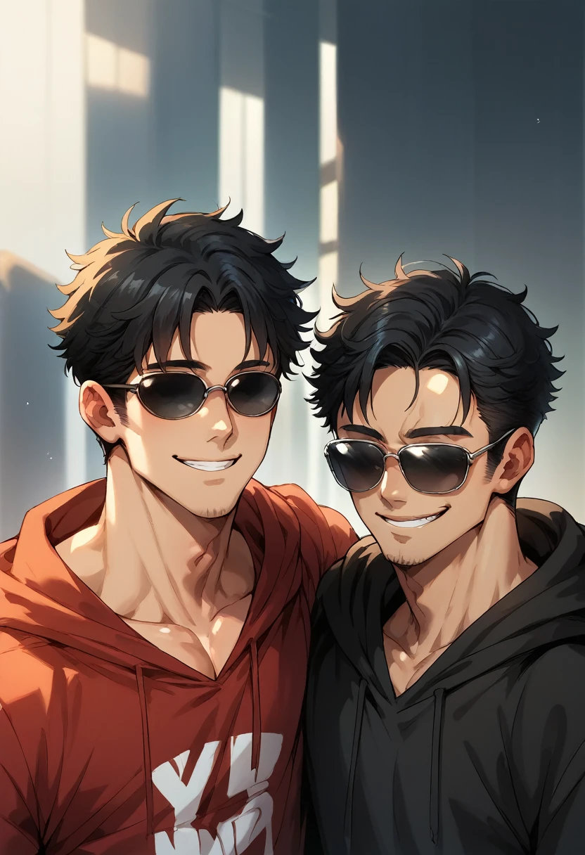 1 boy, black hair large shoulder tied in a man bun , black eyes, clear skin, place sunglasses black over your eyes, hoodie, smiling