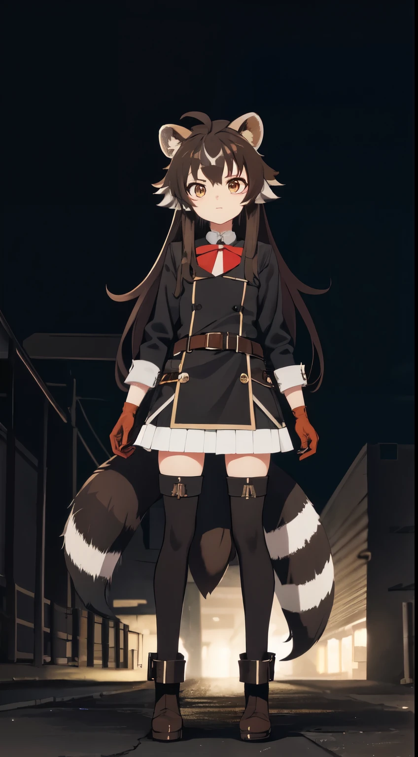 ein Raph, Raccoon ears, Raccoon girl, animal ears, Long hair, Brown hair, raccoon tail, tail, gloves, brown gloves, belt, Overknee-Stiefel, Socks,  zettai ryouiki, Red Ribbon, ​masterpiece, best quality, alone, cinematic lighting, Viewers look at, Full body