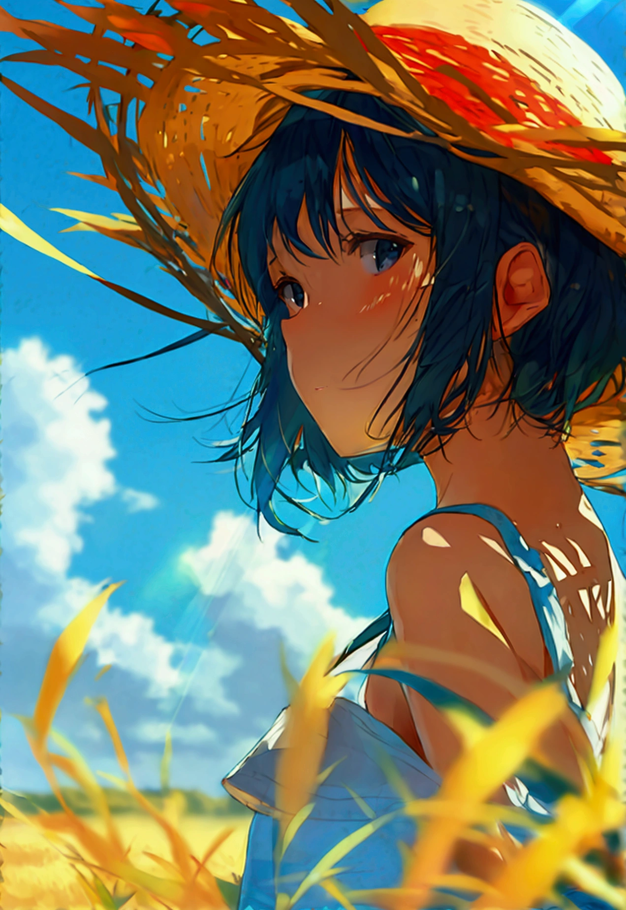 Summer landscape, girl in straw hat, sky blue, sunlight