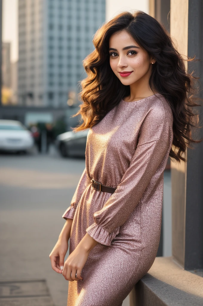 photo of beautiful (jem1mar0b:0.99), a woman with perfect hair, wearing dark yellow (torn clothes:1.1),  (pagoda:1.1), (close up), model shoot style, (Extremely detailed CG unity 8k wallpaper), professional majestic photography, (Leica M6 Camera), 24mm, Exposure Mix, HDR, despondent, extremely intricate, high (detail:1.1), sharp focus, dramatic, soft cinematic light, (looking at the viewer), (detailed students), 4k textures, elegant, ((((cinematic look)))), calming tones, details locos, hyperdetailed, low contrast, (epiCFoto) beautiful young woman, high quality Twenty-seven year old woman. Short stature and thin body, generous chest and pronounced hips. wide, color chocolate, curly. heart shaped face, pretty little nose dotted with freckles, big hazel eyes, and long, bushy eyelashes. Front teeth slightly separated. full lips. shy smile. light in the face. full body image. Elegant outfit. City background. Red dress. Woman with Spanish features. clear skin.