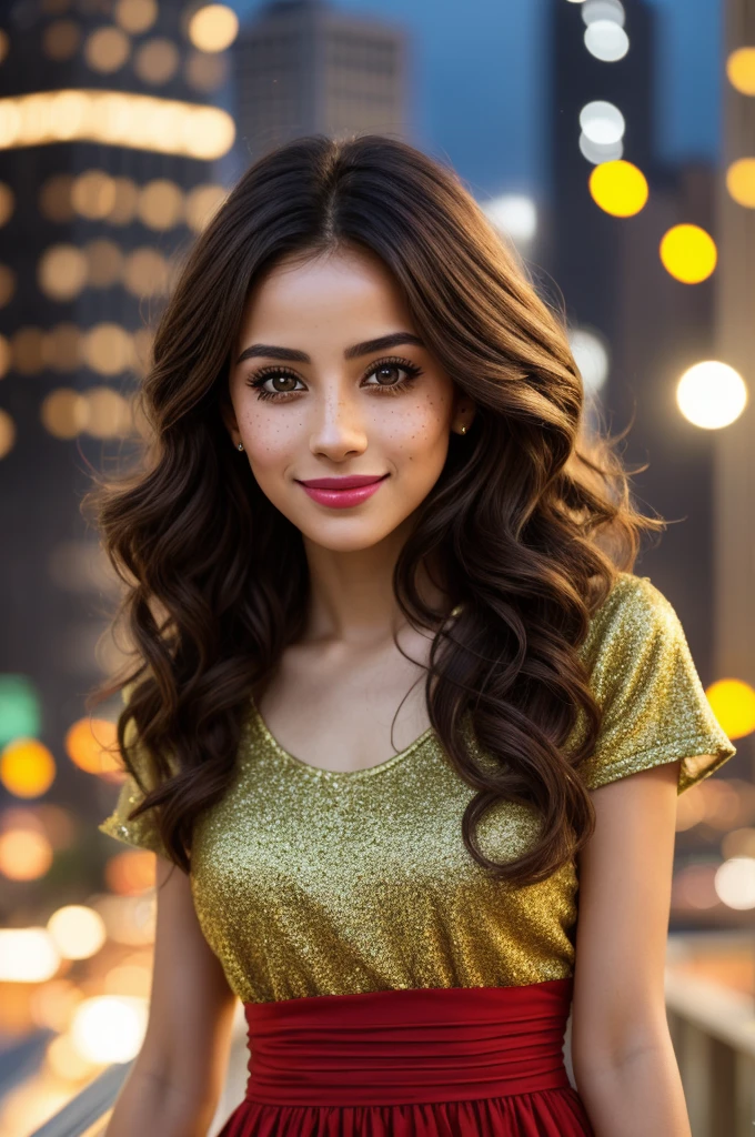 photo of beautiful (jem1mar0b:0.99), a woman with perfect hair, wearing dark yellow (torn clothes:1.1), (pagoda:1.1), (close up), model shoot style, (Extremely detailed CG unity 8k wallpaper), professional majestic photography, (Leica M6 Camera), 24mm, Exposure Mix, HDR, despondent, extremely intricate, high (detail:1.1), sharp focus, dramatic, soft cinematic light, (looking at the viewer), (detailed students), 4k textures, elegant, ((((cinematic look)))), calming tones, details locos, hyperdetailed, low contrast, (epiCFoto) beautiful young woman, high quality Twenty-seven year old woman. Short stature and thin body, generous chest and pronounced hips. wide, color chocolate, curly. heart shaped face, pretty little nose dotted with freckles, big hazel eyes, and long, bushy eyelashes. Front teeth slightly separated. full lips. shy smile. light in the face. full body image. Elegant outfit. City background. Red dress. Woman with Spanish features. clear skin.