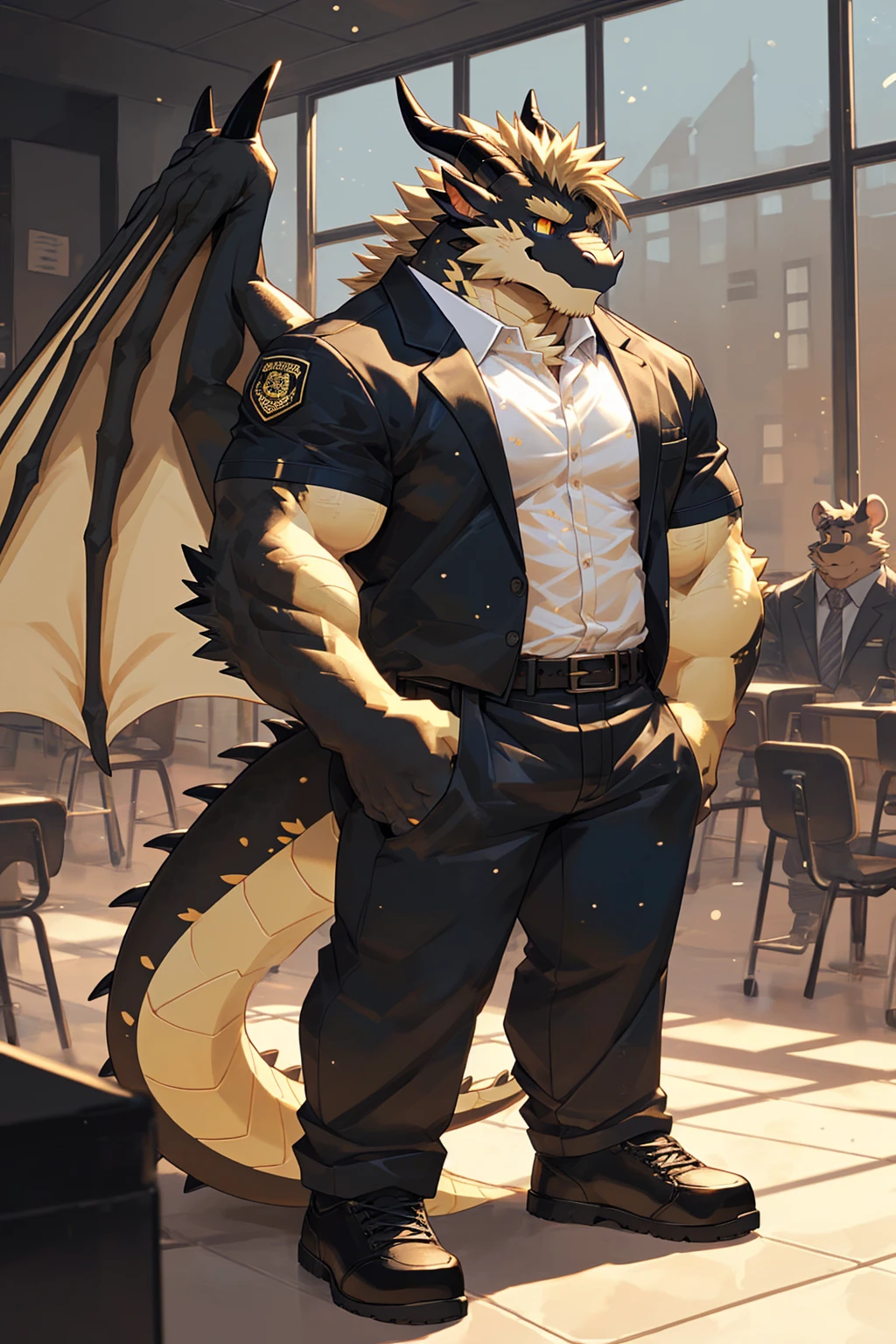 (sfw:1.5), male focus, security guard, Handsome 1boy, solitary,protrait photo, single, (White nails, White Paws:1.4), (Light blond hair:1.5), (Black and gold dragon wings, Huge black and gold dragon wings:1.3), Black and gold skin, (Black and gold tail:1.4), (Black horn, Black curved corners:1.4), (Black body:1.3), (All black:1.4), (Pale blond chin, Pale golden neck:1.4), Pale golden chest, Light blond chest hair, (perfect golden eyes:1.4), (Black scales:1.3), (Black Hands, Black Hands臂, Black Hands指, Black head:1.4),
Western Dragon, dragon, dragon boy, dragon body, feet, (big eyes, large eyes:1.4), (Chubby face, The body is huge, Larger face:1.3),
(Black short sleeve, White short-sleeved shirt, Black pants, Black short shoes, Black leather belt:1.4),
(full body:1.3), (Mature men:1.4), (Strong body, muscle,Strong male:1.3), (Thick arms:1.3), (Standing:1.4), (Looking at the audience, Focus, Eyes gaze:1.2), (Smile:1.4),
full background,ground, Blue sky, White Cloud, ground, School, School大门, security guard亭,
, Mysterious and romantic atmosphere, Caustic lines(refraction, polarization)Perfect anatomical structure, absurd, Detailed background, (Delicate eyes:1.3),Printing style。((artist:Takemoto Arashi))