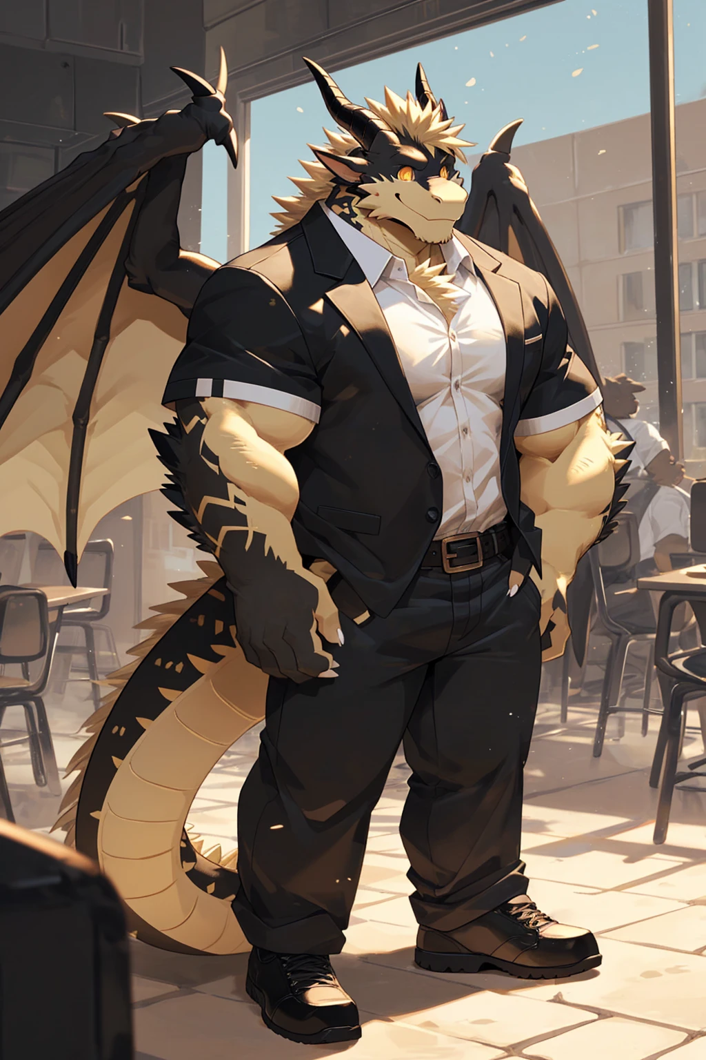 (sfw:1.5), male focus, security guard, Handsome 1boy, solitary,protrait photo, single, (White nails, White Paws:1.4), (Light blond hair:1.5), (Black and gold dragon wings, Huge black and gold dragon wings:1.3), Black and gold skin, (Black and gold tail:1.4), (Black horn, Black curved corners:1.4), (Black body:1.3), (All black:1.4), (Pale blond chin, Pale golden neck:1.4), Pale golden chest, Light blond chest hair, (perfect golden eyes:1.4), (Black scales:1.3), (Black Hands, Black Hands臂, Black Hands指, Black head:1.4),
Western Dragon, dragon, dragon boy, dragon body, feet, (big eyes, large eyes:1.4), (Chubby face, The body is huge, Larger face:1.3),
(Black short sleeve, White short-sleeved shirt, Black pants, Black short shoes, Black leather belt:1.4),
(full body:1.3), (Mature men:1.4), (Strong body, muscle,Strong male:1.3), (Thick arms:1.3), (Standing:1.4), (Looking at the audience, Focus, Eyes gaze:1.2), (Smile:1.4),
full background,ground, Blue sky, White Cloud, ground, School, School大门, security guard亭,
, Mysterious and romantic atmosphere, Caustic lines(refraction, polarization)Perfect anatomical structure, absurd, Detailed background, (Delicate eyes:1.3),Printing style。((artist:Takemoto Arashi))