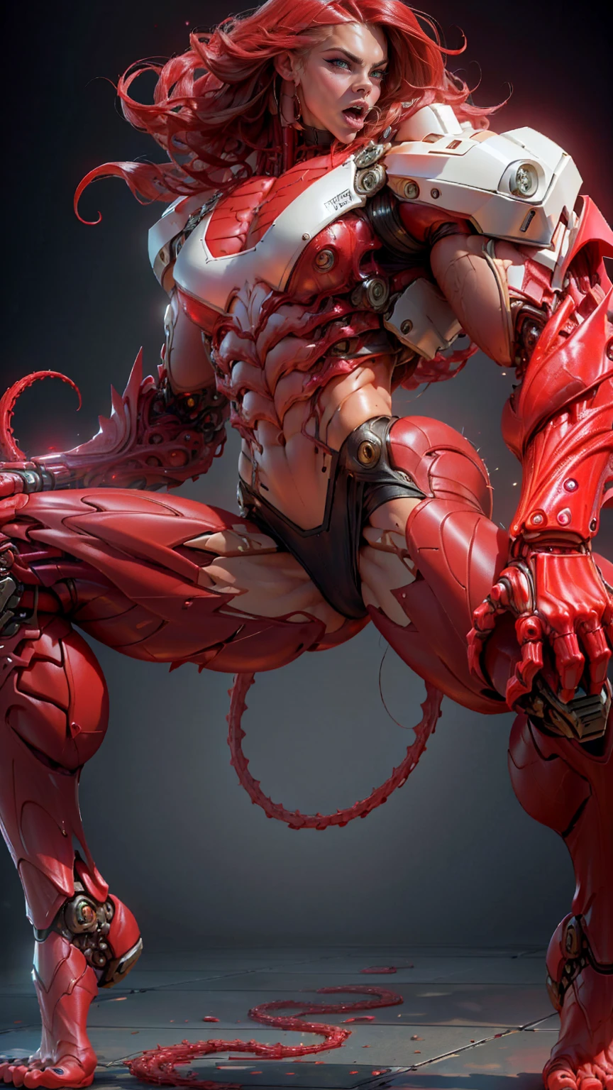 (beautiful girl:1.25), (megan fox:1.25), (young bodybuilder girl wearing cybernetic muscle suit:1.25), carnage muscular physique, seductive face, mouth wide open carnage style, long red hair, perfect muscular body, super skinny legs, sissy, femboy, (carnage style physique)