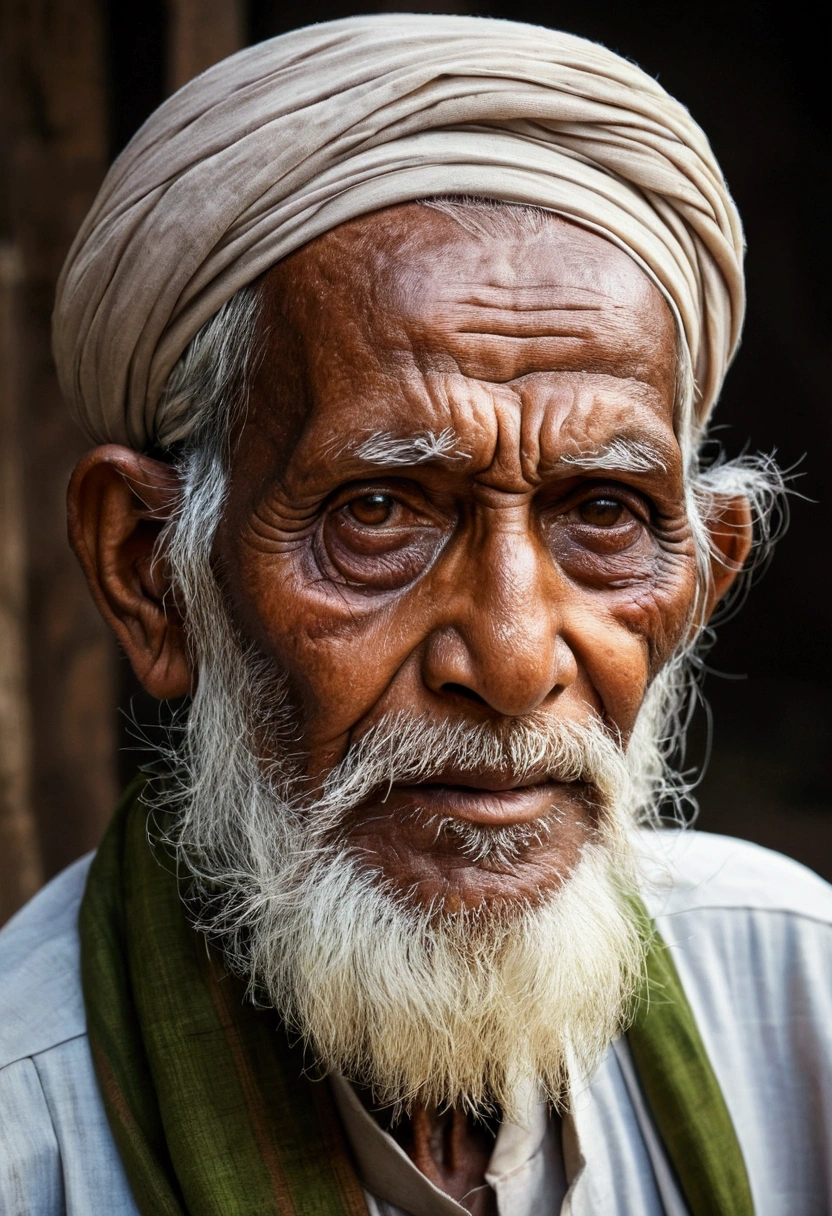 bangladeshi old muslim man age 80, weight 80, height 5 feet 9 inches, beard on his face