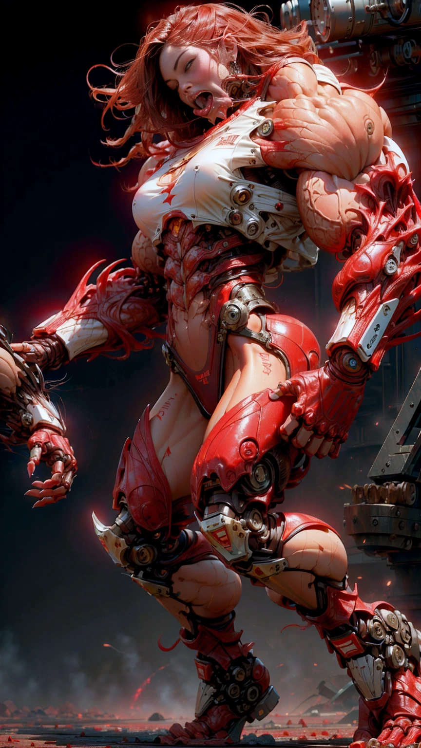 (beautiful girl:1.25), (megan fox:1.25), (young bodybuilder girl wearing cybernetic muscle suit:1.25), carnage muscular physique, seductive face, mouth wide open carnage style, long red hair, perfect muscular body, super skinny legs, sissy, femboy, (carnage style physique)