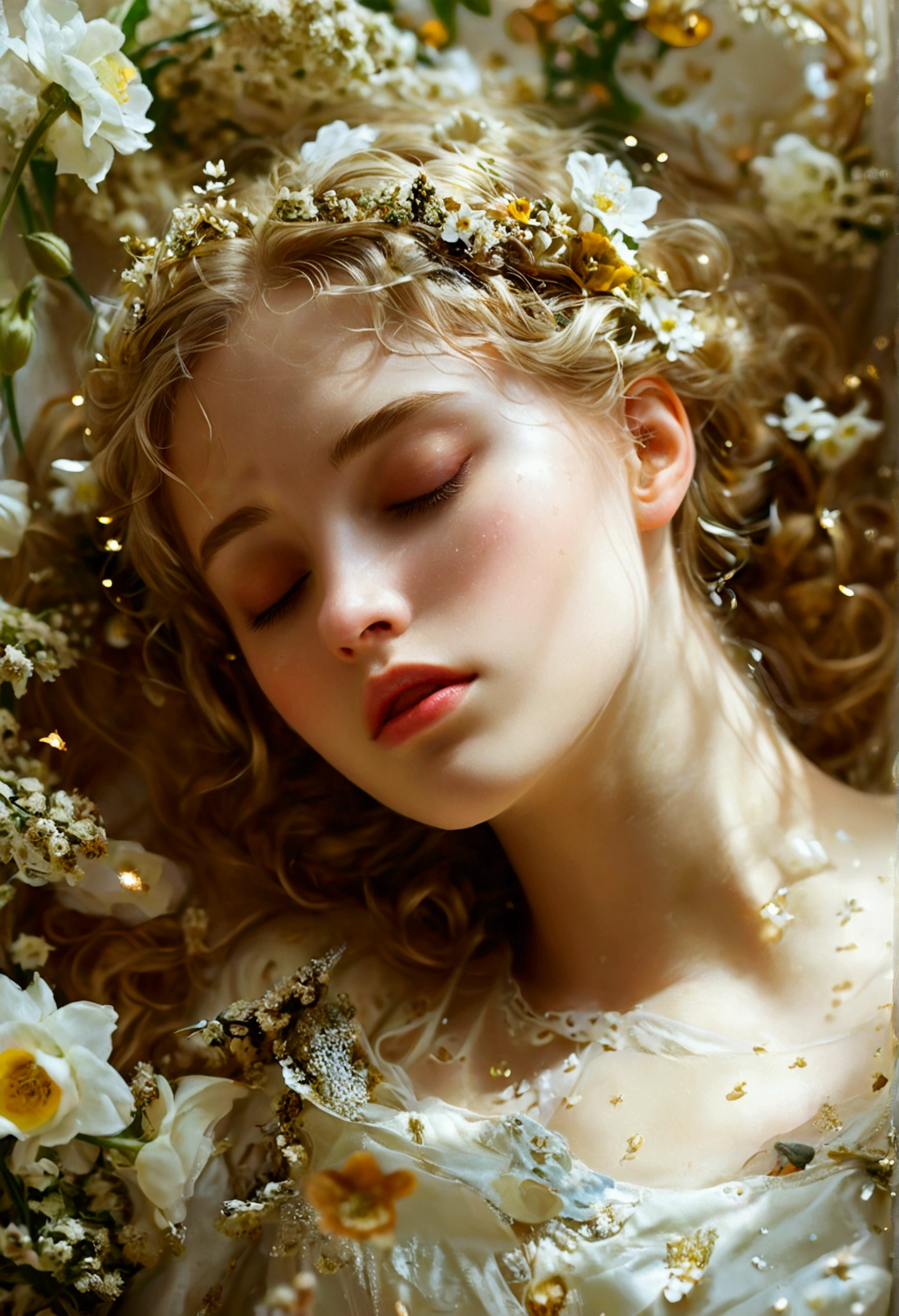 sleeping beauty、Millet's paintings「ophelia」Lie like、Woman sleeping peacefully、White、Loosely curled blonde、Flying particles of light、The halo is shining、Golden Background、Soft bed、((ボケ Depth of written boundary))、It is full of flowers and plants、Depth of written boundary、Realistic