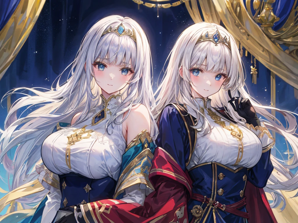 anime artstyle,Masterpiece,Best Quality,Super Detail,(Very Delicate and Beautiful),((((Silver-haired middle  mother and blonde teenage daughter)))),((absurdly long Straight hair,Red Eyes)),(((beautiful embroidery and jeweled gorgeous rococo ballgown with voluminous full length crinoline hoop skirt))),(((absurdly gigantic tits,curvy))),deep cleavage,Skindentation,((detailed face and eyes)),extremely gorgeous hair ornament,((extremely gorgeous big tiara)),luxurious jewelry,((beautiful embroidery and jeweled gorgeous rococo ballgown with voluminous full length crinoline hoop skirt)),(((absurdly gigantic tits))),gorgeous palace,((standing pose,couple focus)),(((Arrogant smile))),2 womans 