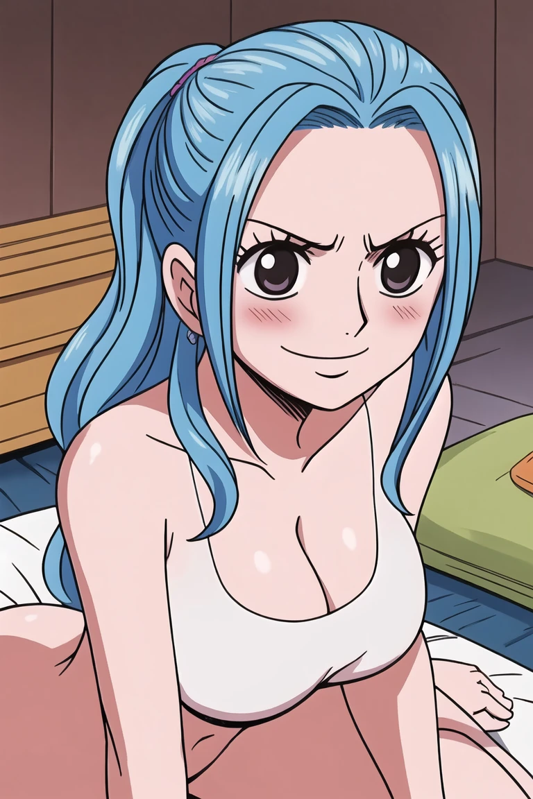 1girl, smile, close up, castel, blue hair,happy, room, big breasts, grey eyes, cleavage, bed, blush, , shy, , nude, queen, , bed, , full face blush, serious, ass, side, on side, big ass, back,
