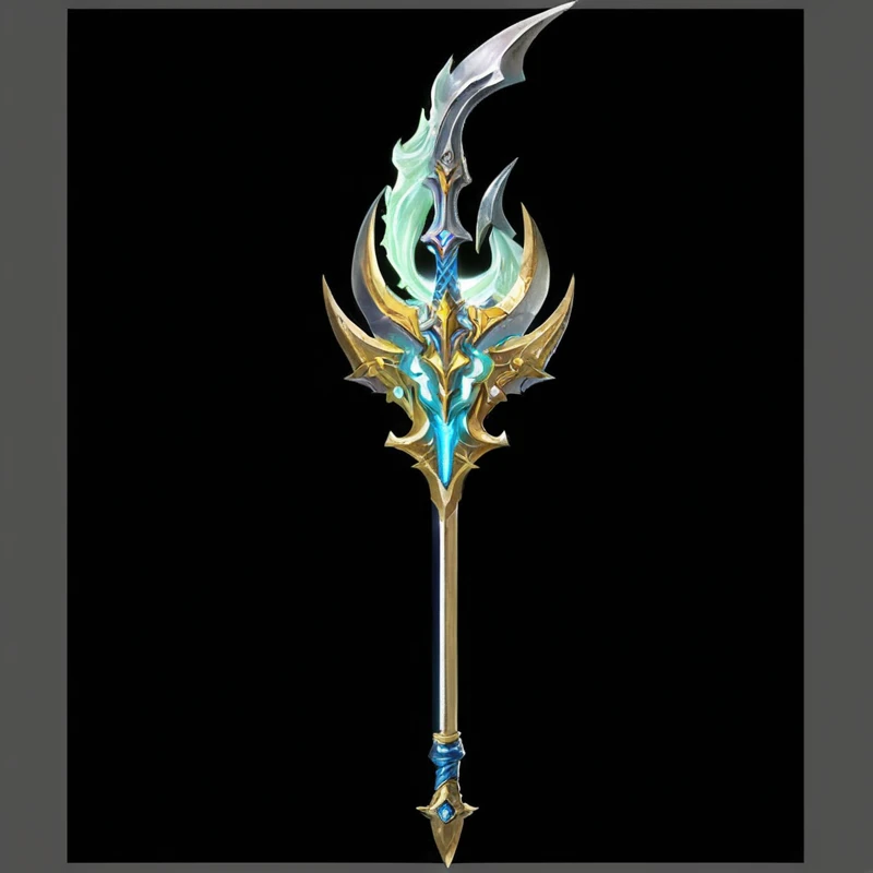 一把非常精致的sword,It has green and gold decorations on it, Intricate Fantasy Spear, Fantasy weapons, Sword weapons, epic Fantasy weapons art, World of Warcraft Blizzard Weapon Art, Dragon Staff, Fantasy RPG Weapon Art, Role Playing Game Items, The style of the Ghost Slayer Blade, Scepter, Weapon concept art, sword, Weapon Design, 奇幻sword, Dragon Staff, Leviathan Axe