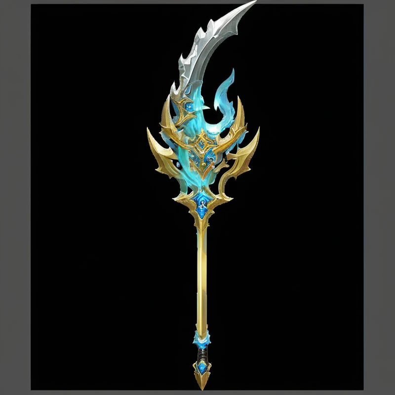 一把非常精致的sword，It has green and gold decorations on it, Intricate Fantasy Spear, Fantasy weapons, Sword weapons, epic Fantasy weapons art, World of Warcraft Blizzard Weapon Art, Dragon Staff, Fantasy RPG Weapon Art, Role Playing Game Items, The style of the Ghost Slayer Blade, Scepter, Weapon concept art, sword, Weapon Design, 奇幻sword, Dragon Staff, Leviathan Axe