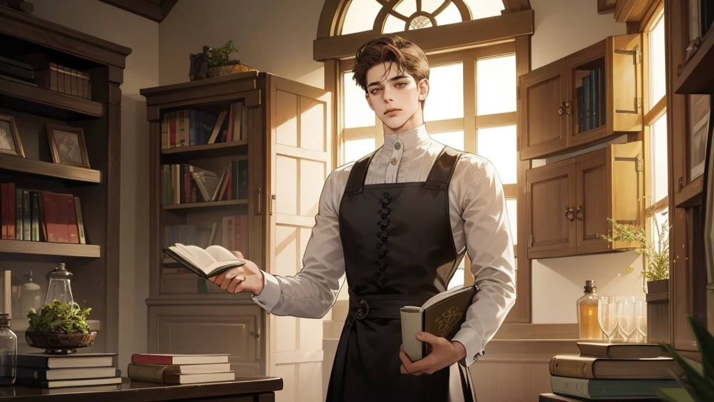 masterpiece, Best quality, realistic, 1 person, Mature man, Quiet and charming young man, 25 years, waist up very detailed face, narrow shoulders, thin, Middle Ages, 19th century,, ((golden eyes)), ((Short, dark brown hair combed to the right)), [thick eyebrows], Cinematic lighting, I look at the audience, posture dynamics, dress the doctor, monocle, In the hands of a book, behind there is a cabinet with medicines and herbs, books, standing indoors
